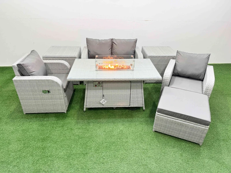 Image of Fimous Light Grey PE Wicker Rattan Garden Furniture Set Sofa Set Reclining Chair Firepit Dining Table 5 Seater With Footstool 2 Side Table Light Grey