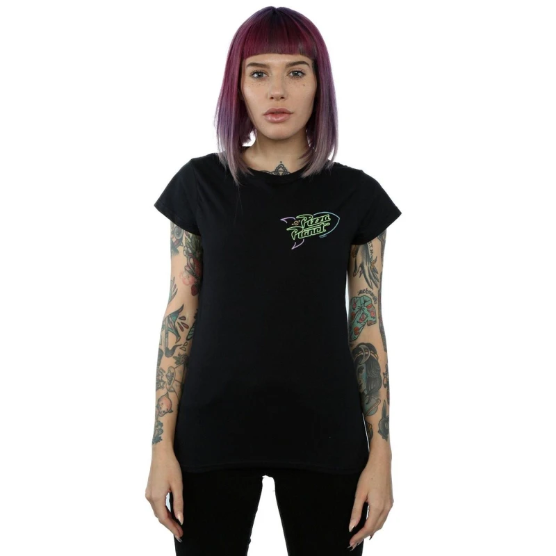 Image of Disney Toy Story Neon Pizza Planet Breast Print Cotton T-Shirt Black female