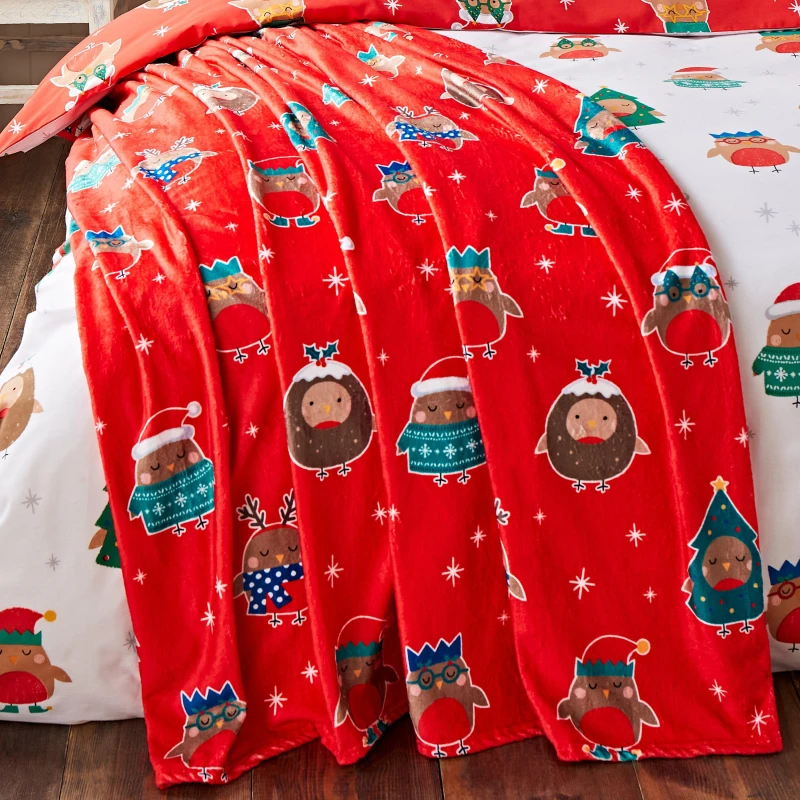Image of Catherine Lansfield Christmas Party Robins Throw 130cm x 170cm Red