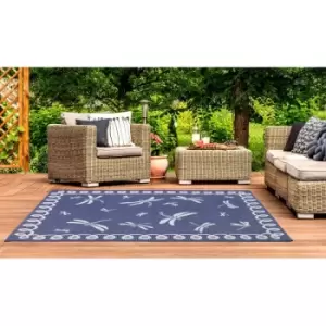 Image of Terrace Dragonfly Flatweave Outdoor Indoor Bordered Blue Rug in 150 x 230cm (411x7'7'')