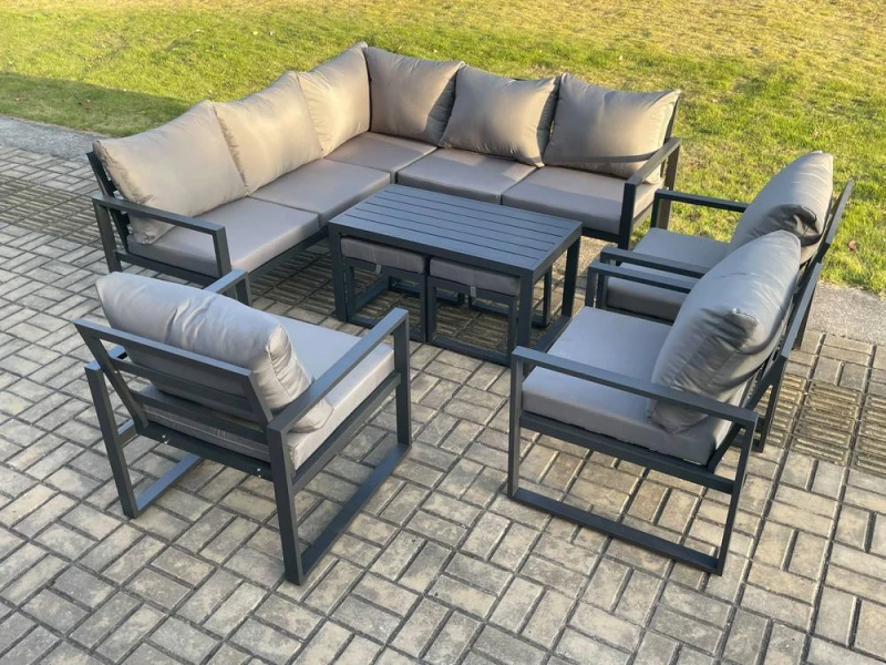 Image of Fimous 10 Seater Aluminium Outdoor Garden Furniture Set Patio Lounge Sofa with Oblong Coffee Table Chair 2 Small Footstools Dark Grey Dark Grey Unisex
