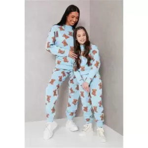 Image of I Saw It First Light Blue Girls Teddy Repeat Print Oversized Sweater - Blue