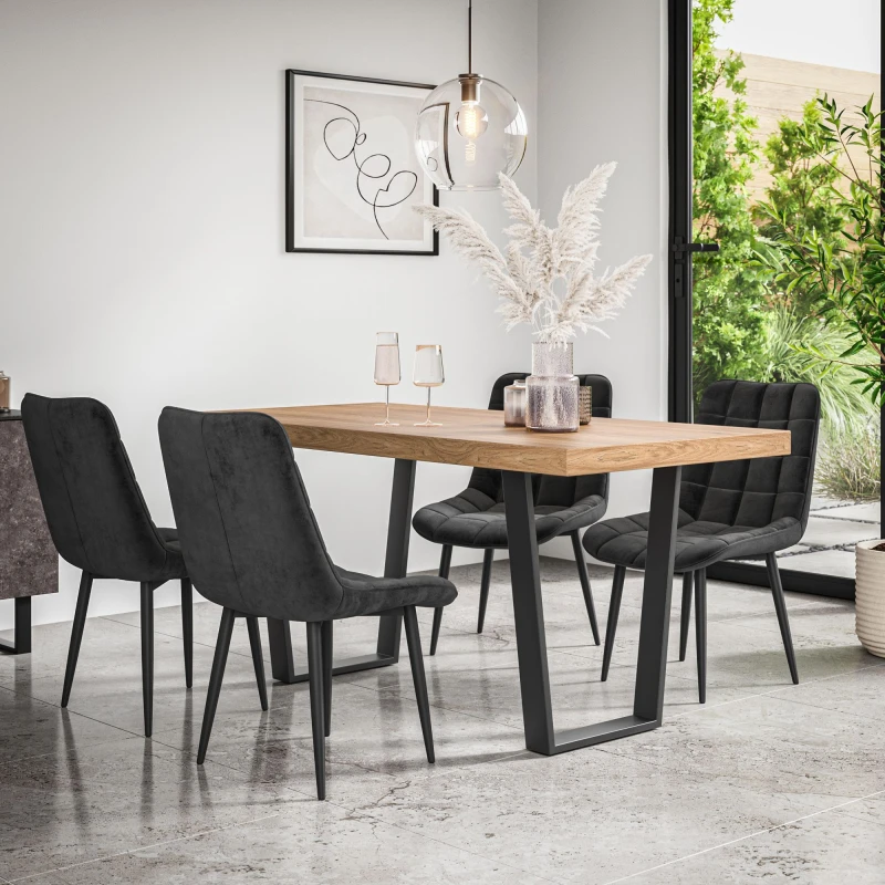 Image of More4Homes Aria Dining Table And Chairs - Oak Effect Table Top W Black Legs + Nova Velvet Dining Chair Set Of 6 (Mustard)