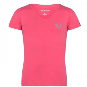 Image of TRUE RELIGION V Neck Reflective Logo T Shirt - Raspberry 5101