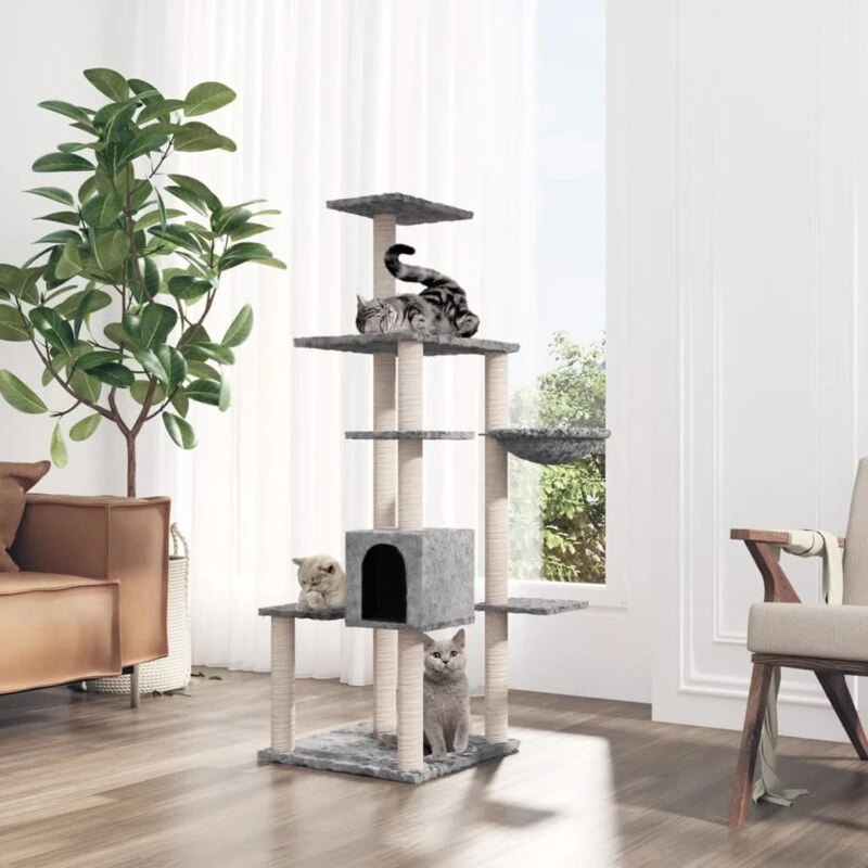 Image of vidaXL Cat Tree w/ Sisal Scratching Posts Light Grey 142cm, Grey 171592