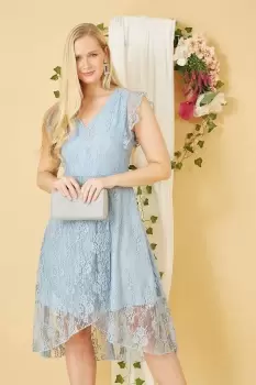 Image of Blue Frill Cross Over Skirt Lace Dress