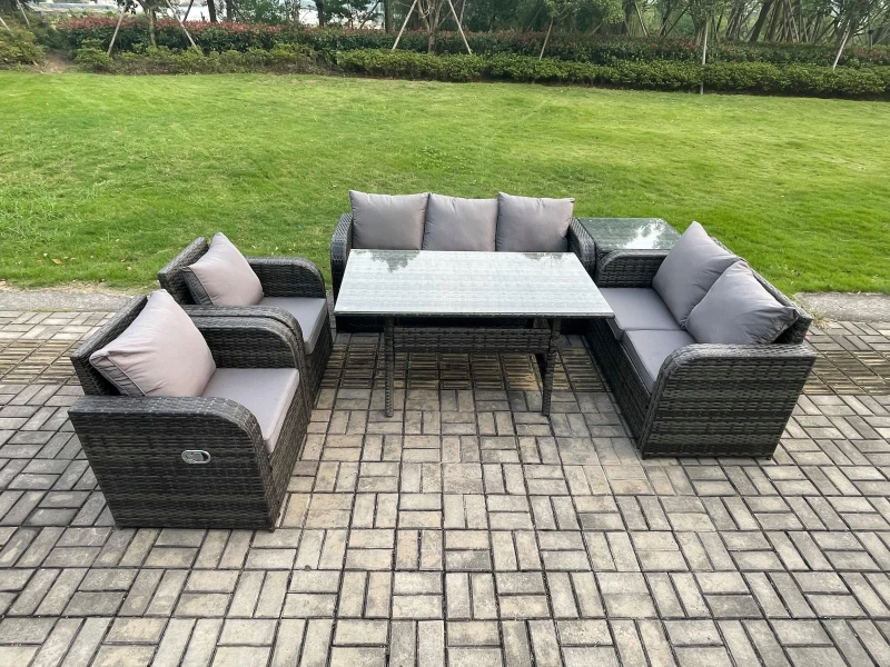 Image of Fimous Dark Grey PE Wicker Rattan Garden Furniture Set Reclining Chair Love Sofa 2 Seater Sofa Set Outdoor Rectangular Dining Table Side Table Dark Gr