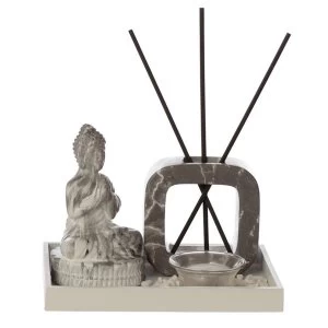 Image of Eden Marble Effect Meditating Buddha Tea Light and Decorative Reed Holder