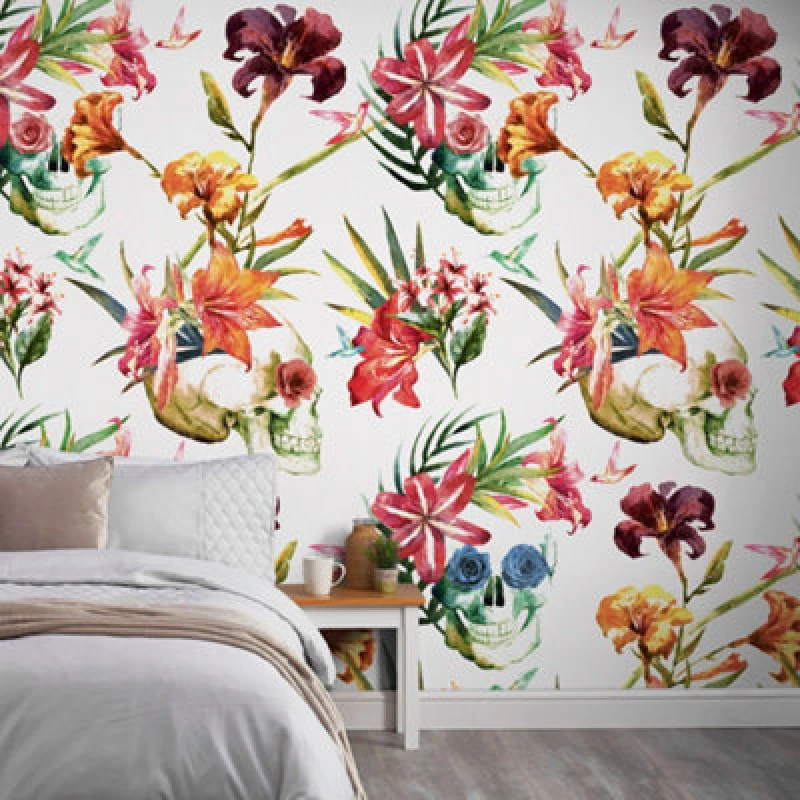 Image of Grandeco Skulls And Flowers 3 Panel Repeatable Mural 1.59 X 2.8M