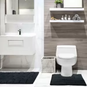 Image of Emma Barclay - Waves Cotton Chenille Bath Mat & Pedestal Mat Set, Black