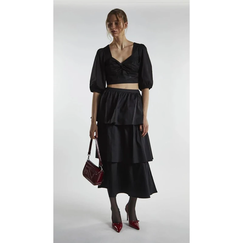 Image of Glamorous Black Tiered Midi Skirt Black female 8 (XS)
