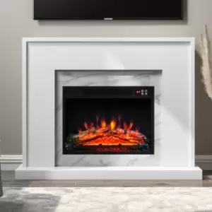 Image of White Marble Freestanding Electric Fireplace Suite with Log Effect - Amberglo