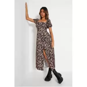 Image of I Saw It First Multi Morphed Print Square Neck Short Puff Sleeve Midi Dress - Brown