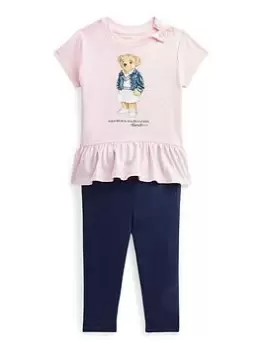 Image of Ralph Lauren Baby Girl Bear Motif Peplum Top And Leggings Set - Pink, Size 3 Months