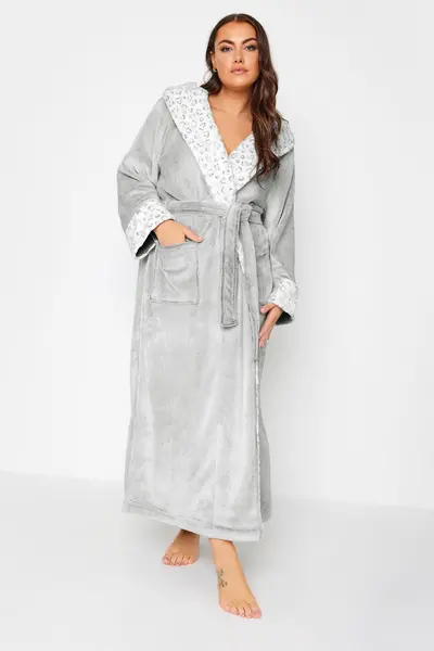 Image of Yours Hooded Dressing Gown Light Grey