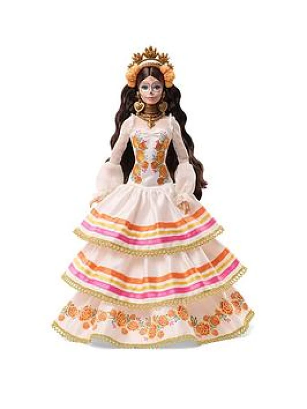 Image of Barbie Signature Doll Dia De Muertos 2025 Collectible in Ruffled Cream Gown Trimmed with Marigolds and Ribbon Flower Crown and Calavera Face Paint