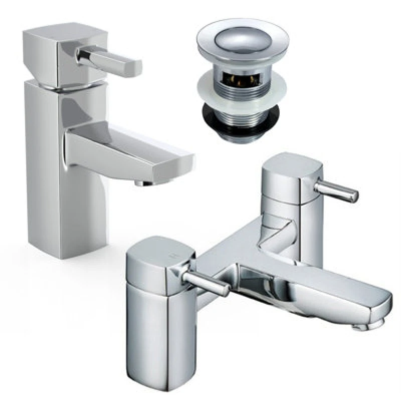 Image of Nes Home Newport Square Basin Sink Mono Mixer Tap & Bath Filler Tap with Waste Silver