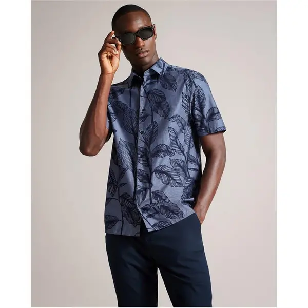Image of Ted Baker Ted Howth Ss Shirt Sn99 Patterned Shirt - Short Sleeve S (2) Blue 55797018350