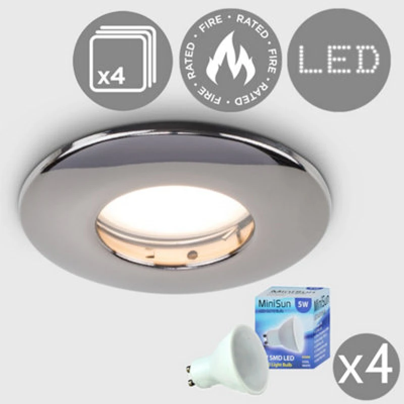 Image of ValueLights Downlight Fire Rated IP65 Ceiling Light Fitting 4 Pack With Cool White Bulbs Black