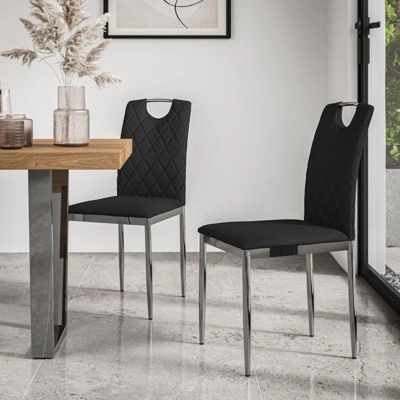 Image of More4Homes Set Of 2 Monza Faux Leather Dining Chair Modern Padded Seat Chrome Legs Kitchen (Black)