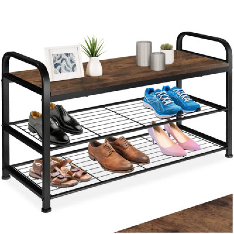 Image of Tectake Shoe Rack Southampton - Surface Shelf And 2 Grid Shelves, Industrial Style - Industrial Wood Dark, Rustic