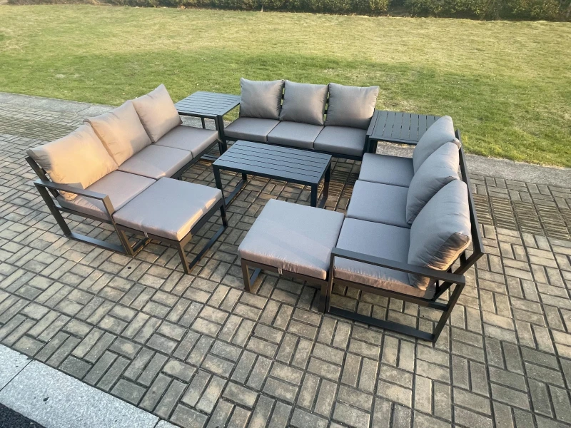 Image of Fimous Aluminium Outdoor Garden Furniture Set Lounge Sofa Oblong Coffee Table 2 PC Big Footstool 2 Side Tables Sets with Cushions Dark Grey Dark Grey
