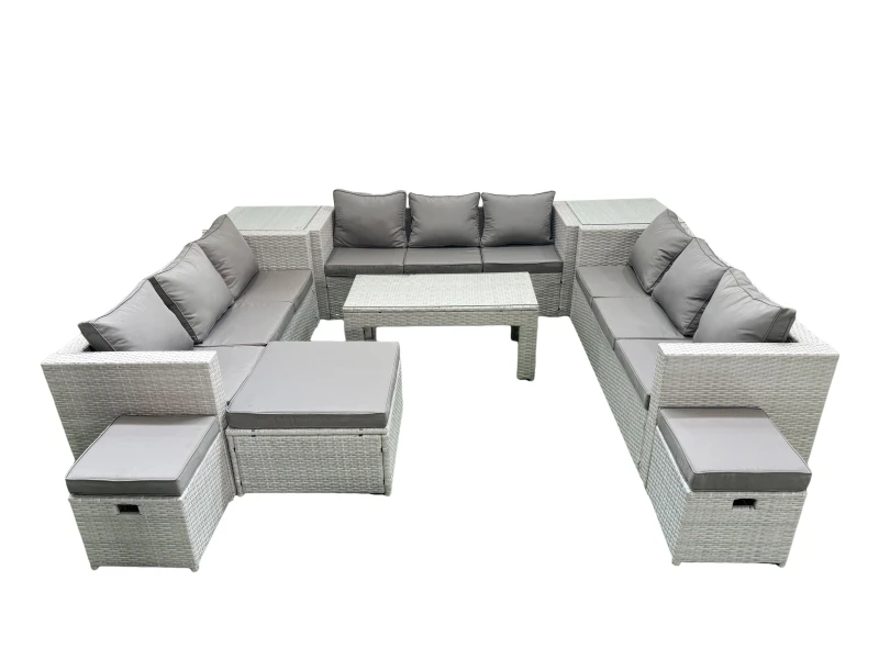 Image of Fimous Rattan Garden Outdoor Furniture Set 12 Seater Garden Sofa Oblong Coffee Table Set with 3 Footstools 2 Side Tables Light Grey Mixed Light Grey