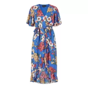 Image of Mela Blue Bouquet Wrap Front Midi Dress - Blue