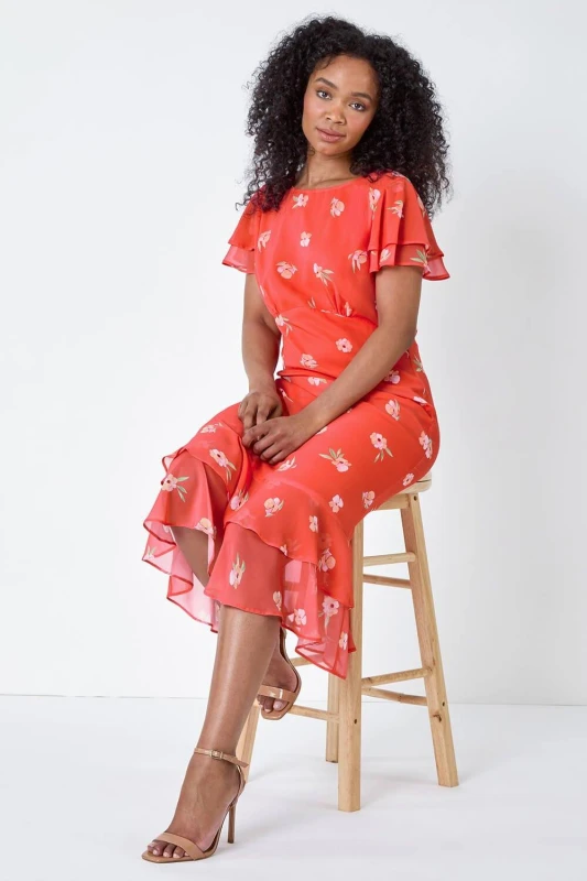 Image of Roman Petite Floral Chiffon Frill Tiered Midi Dress Coral