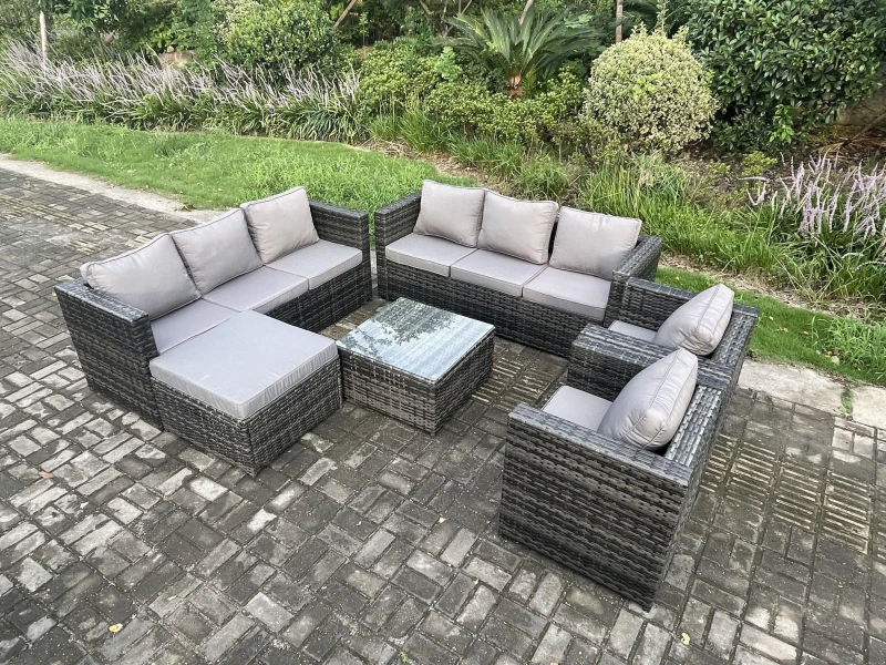 Image of Fimous Outdoor Rattan Garden Furniture Set 9 Seater Patio Lounge Sofa Set with Armchair Square Coffee Table Big Footstool Dark Grey Mixed Dark Grey