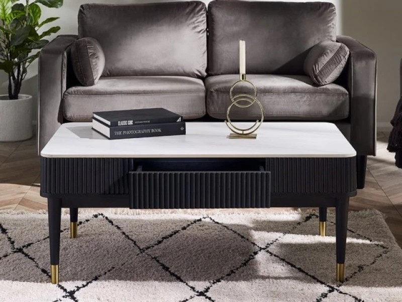 Image of Julian Bowen Louis Marble Effect and Black 2 Drawer Coffee Table