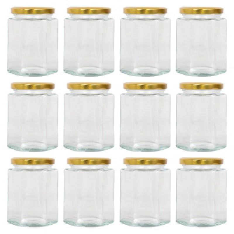 Image of Argon Tableware Hexagonal Glass Jam Jars With Gold Lids - 250ml - Pack Of 12
