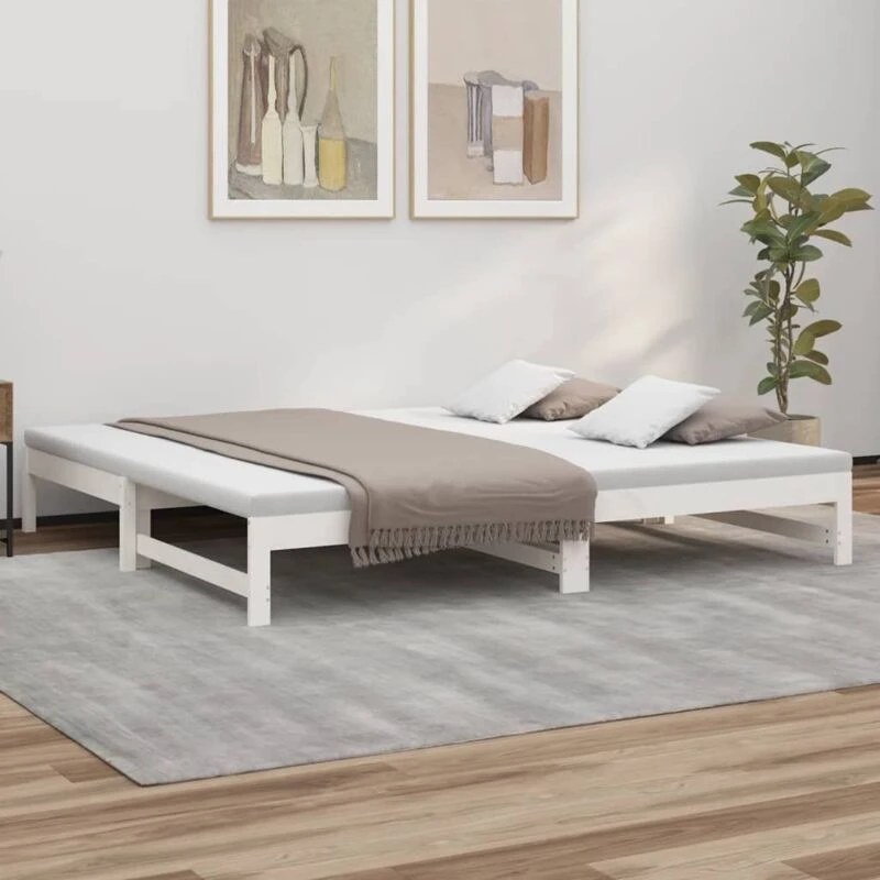 Image of Vidaxl Pull-out Day Bed White 2X(100X200) Cm Solid Wood Pine, White 823400