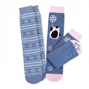 Image of Totes Totes Twin Socks Ld - Blue Penguin