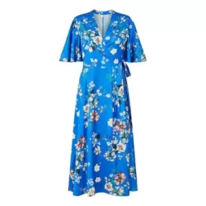 Image of Yumi Blue Floral Satin Wrap Dress - Blue