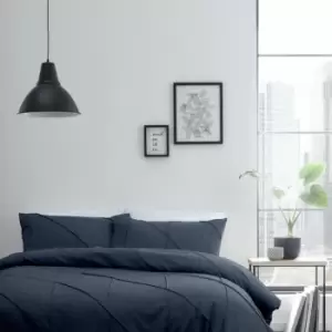 Image of Serene Dart Pleated Rhombus Easy Care Duvet Cover Set, Navy, Single