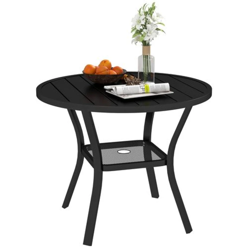 Image of Outsunny 90cm Garden Dining Table, Round Garden Table with Parasol Hole, Black 84G-593V00BK