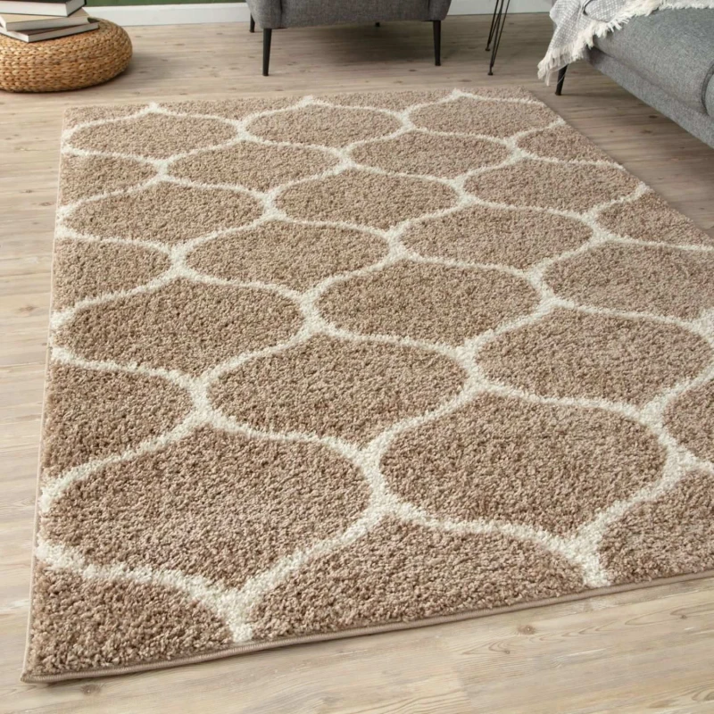 Image of THE RUGS Soft Trellis Shaggy Rugs & Runners Beige & Ivory Living Room Size: 200cm x 290cm Beige Unisex 200cm x 290 cm