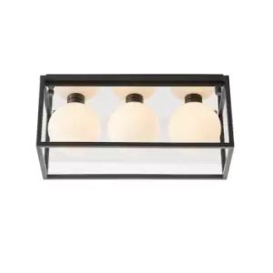 Image of Matt Black Rectangular Framed Flush Bathroom Ceiling Light & Sphere Glass Shades