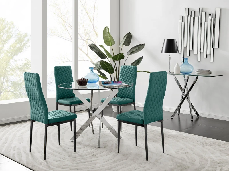 Image of FurnitureboxUK FurnitureboxUK Novara 100cm Round Dining Table and 4 Velvet Milan Black Leg Chairs in Green Green One Size Unisex 5056657153724