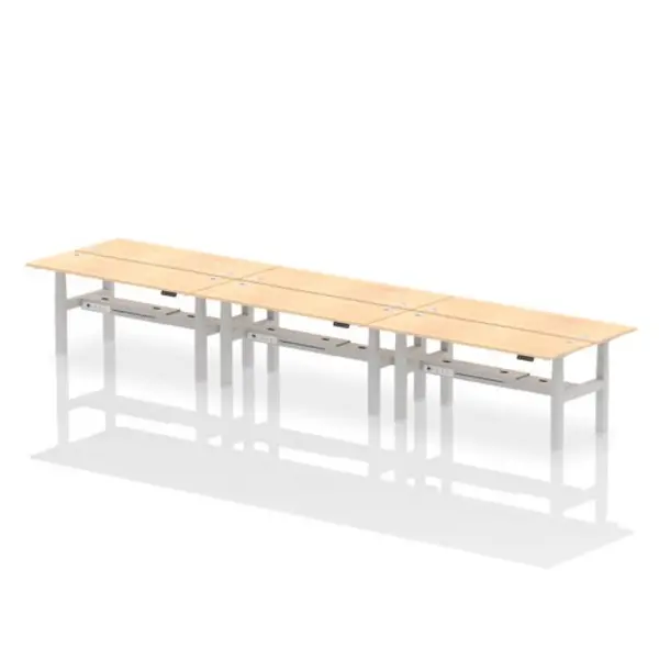 Image of Air Air Back-to-Back 1800 x 600mm Height Adjustable 6 Person Bench Desk Maple Top with Cable Ports Silver Frame HASCP6P18600MPES