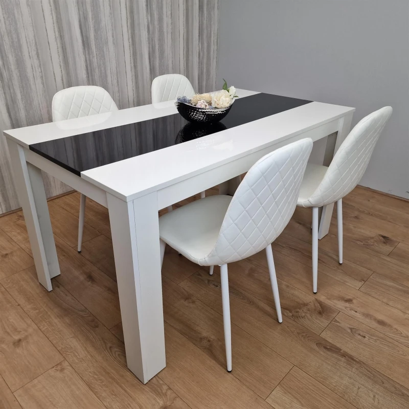 Image of KOSY KOALA Dining Table and 4 Chairs White Black Wood 4 Leather White Chairs Dining Room Modern w/b 117 + 4 white gem