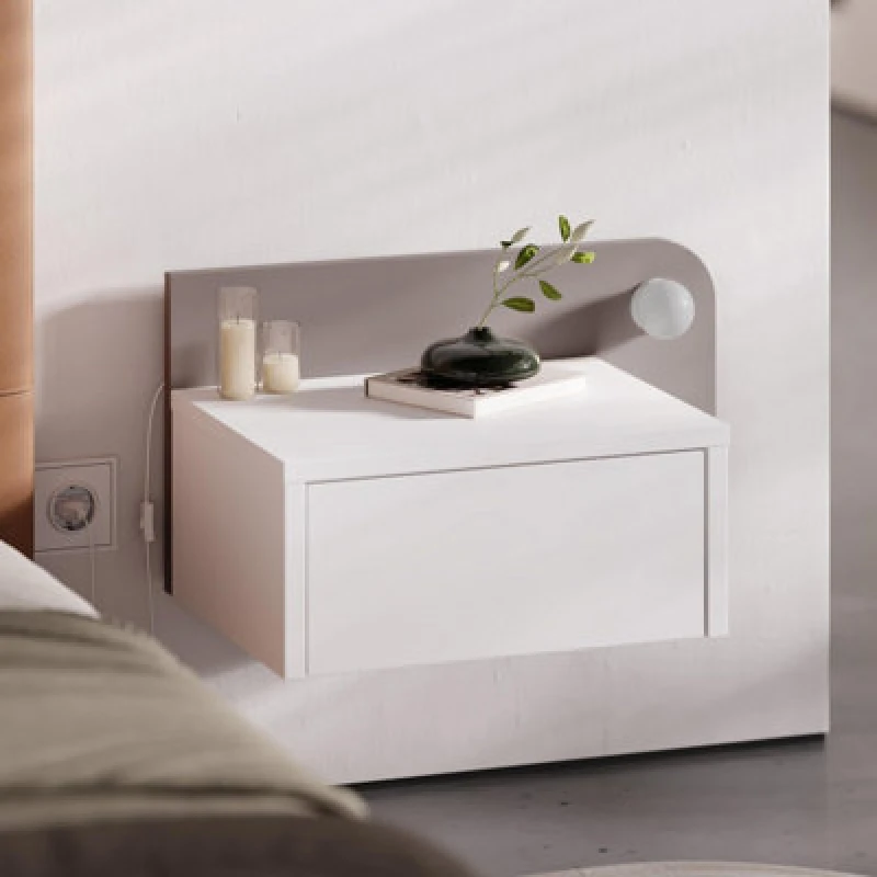 Image of Decortie Floating Bedside Table With Drawer, LED Light In 3-Tones 33.5Cm Wall-Mount Bedroom Storage Unit, White, Mocha Grey