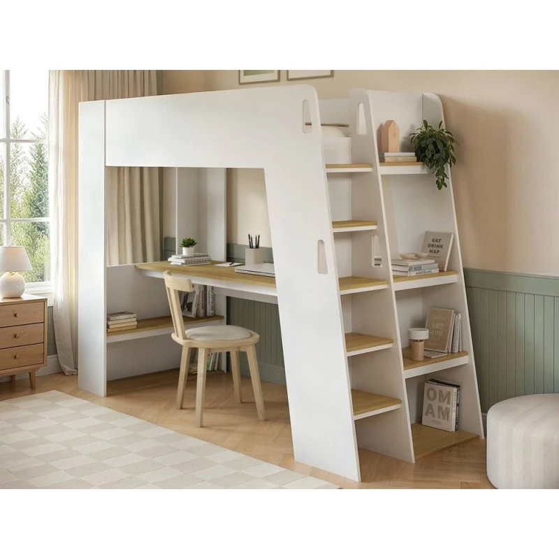 Image of Flair Fern Staircase High Sleeper White & Oak Size: Single White Unisex Single