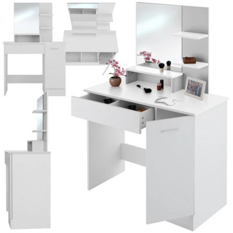 Image of Tectake Dressing Table Zoe - Drawer, Mirror, Cupboard And Storage Shelves - White