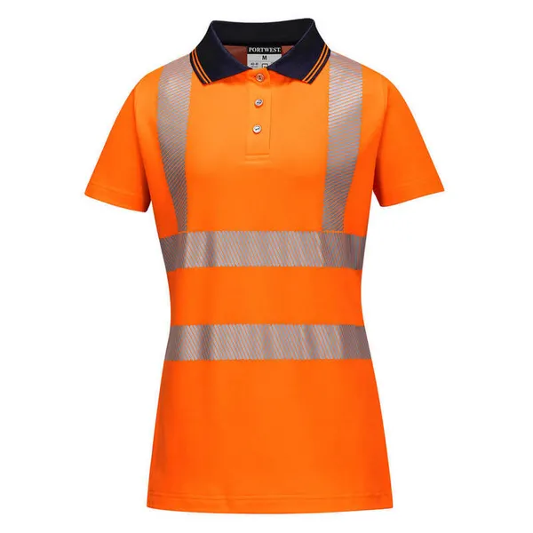 Image of Portwest Hi Vis Womens Cotton Comfort Pro Polo Short Sleeve Shirt LW72OBRS Colour: Orange / Black