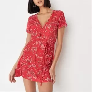 Image of Missguided Ditsy Floral Print Half Button Tea Dress - Red