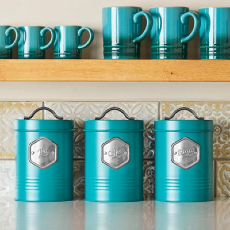 Image of Cooks Professional 3 Piece Tea Coffee Sugar Cannister Set - Labelled Kitchen Storage Tins With Airtight Lids - Teal & Silver