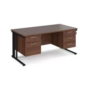 Image of Office Desk Rectangular Desk 1600mm With Double Pedestal Walnut Top With Black Frame 800mm Depth Maestro 25 MCM16P23KW