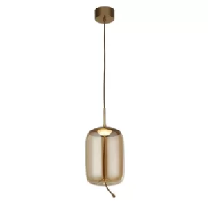 Image of Lisbon 1 Light LED Pendant, Satin Brass And Amber Glass 2700K